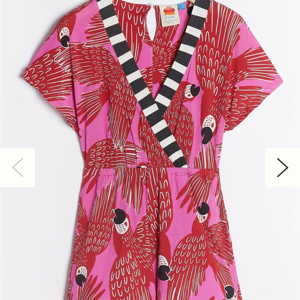 Farm Rio Salma Pink and Red Parrot Print Romper